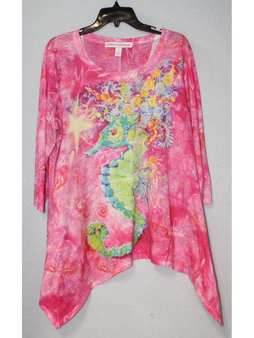 Leoma Lovegrove Tunic Top Women's XL Asymmetrical Pink Seahorse Print 3/4 Sleeve